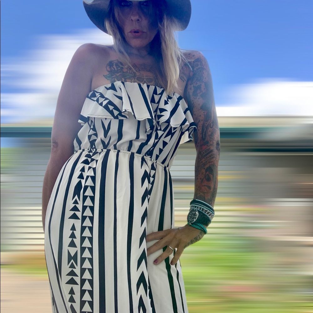 Peach Love Cream boho strapless cream & black pattern ruffle bust maxi dress